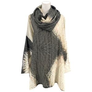 Andrea Geer Wearable Art Boxy Top with Scarf, Grey/White/Orange, Size S/M